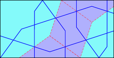 Reconstrucción del patrón de la izquierda a gran escala (líneas rojas), usando grandes azulejos girih