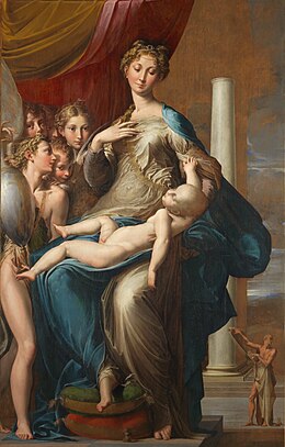 In Parmigianino's Madonna with the Long Neck (1534-1540), Mannerism makes itself known by elongated proportions, highly stylized poses, and lack of clear perspective. Parmigianino - Madonna dal collo lungo - Google Art Project.jpg