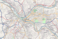 Mapa konturowa Pittsburgha, w centrum znajduje się punkt z opisem „PPG Industries, Inc.”