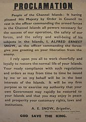 10 May 1945: The restoration of British administration is proclaimed Proclamation Liberation Channel Islands 1945 Snow.jpg