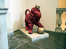 A papier-mache version of Reggie the Lion, the mascot of KCLSU, outside the Great Hall in King's Strand Campus Reggiethelion.jpg