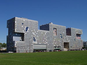 Simmons Hall, a large undergraduate dorm designed by Steven Holl Simmons Hall, MIT, Cambridge, Massachusetts.JPG
