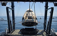 Endeavour capsule being recovered after splashdown SpaceX Demo-2 Landing (NHQ202008020028).jpg