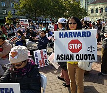 A protest in Boston's Copley Square on October 14, 2018 to support the lawsuit from Students for Fair Admissions against Harvard