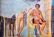 Two heroes. A Roman fresco in Herculaneum, 30-40 AD Wall painting - two heroes conversing - Herculaneum (ins or II - palaestra) - Napoli MAN 9020.jpg