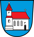 Markt Hofkirchen In Blau eine rechtstürmige rotbedachte silberne Kirche mit drei geteilten Bogenfenstern und schwarzem Portal in Seitenansicht, besteckt mit silberner Turmkugel und ebensolchem Dachkreuz.