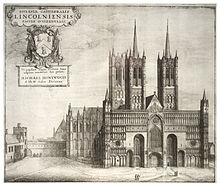 17th century print of Lincoln Cathedral with spires on the west towers Wenceslas Hollar - Lincoln Cathedral from the west.jpg