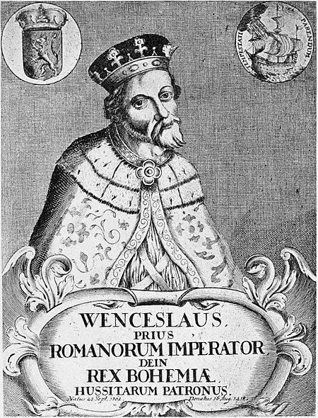 "WENCESLAUS PRIUS ROMANORUM IMPERATOR, DEIN REX BOHEMIAE, HUSSITARUM PATRONUS." by Hermanni von der Hardt.