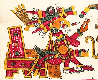 Xōchipilli, zeul astec al artei, jocurilor, dansului, florilor și cântecului purtând o piele de cerb așa cum este descris în Codex Borgia