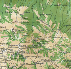Horní tok řeky Gechi v oblasti Našcha na mapě z r. 1877