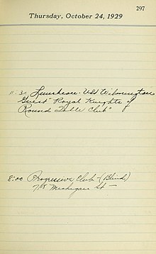 The page from Mayor Jackson's appointment book on "Black Thursday" of Wall Street Crash of 1929 at the start of the Great Depression.