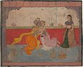 Krishna embrasse Radha. Folio du Rasikapriya dispersé de Boston. Amber, v. 1610. Metropolitan Museum of Art