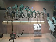 Balinese wayang puppets collected by Mead and Bateson on display with photograph of puppet maker by Bateson. Balinese wayang puppet display.jpg