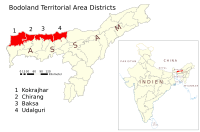 मानचित्र जिसमें बोड़ोलैंड क्षेत्रीय परिषद বড়োলেণ্ড ক্ষেত্ৰীয় পৰিষদ Bodoland Territorial Council हाइलाइटेड है