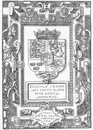 Coat of arms of King Christian III of Denmark. Illustration from the first Danish-language Bible (1550).