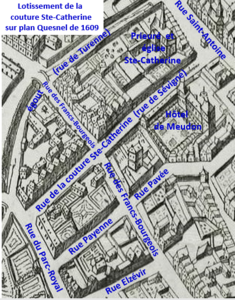 Lotissement après urbanisation sur plan Quesnel de 1609.