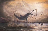 Digital painting depicting a C. mantelli shark breaching to catch a Pteranodon pterosaur