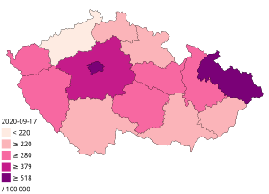 Počet potvrzených případů na 100 000 obyvatel v září 2020