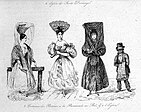 Différents costumes des Porteñas (dames de Buenos Aires) en 1827, accompagnées de leur esclave.