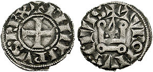 A denier tournois
; inscription reads:
+PHILIPVS*REX / +TVRONVS*CIVI[TATI]S. Denier tournois 1270.jpg