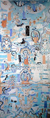 Teto pintado no corredor de entrada da gruta 9 de Mogao, representando o monte Gośīrṣa (século IX).[163]