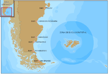 Argentine airbases: Distances to Port Stanley Airport: Trelew: 580 nautical miles (1,070 km), Comodoro Rivadavia: 480 nautical miles (890 km), San Julian: 425 nautical miles (787 km), Rio Gallegos: 435 nautical miles (806 km) and Rio Grande: 380 nautical miles (700 km).
Due to the distance required to fly to the islands, two minutes was the average time Argentine attack aircraft had available in the target area. FAA Air Bases 1982.gif