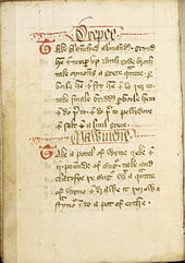 Recipes from The Forme of Cury for "drepee", parboiled birds with almonds and fried onions, and "mawmenee", a sweet stew of capon or pheasant with cinnamon, ginger, cloves, dates and pine nuts, coloured with sandalwood, c. 1390 Forme of Cury-MS 7-18v.jpg