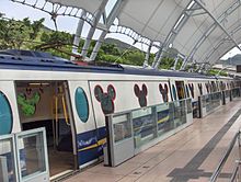 Half-height platform gates at Sunny Bay station on the Disneyland Resort line in Hong Kong HK MTR DisneyResortLine Sunny Bay platform trains.JPG