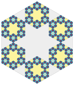 Hexaflake with child hexagon vertexes touching and no center polygons, first 4 iterations.