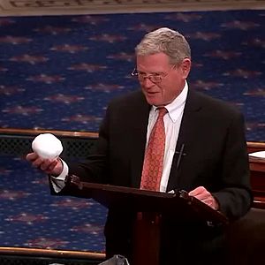 On the floor of the U.S. Senate, Republican Senator Jim Inhofe displayed a snowball--on 26 February 2015, in winter--as evidence the globe was not warming, in a year that was found to be Earth's warmest on record at the time. The director of NASA's Goddard Institute for Space Studies distinguished local weather in a single location in a single week from global climate change. Inhofe holding snowball.jpg