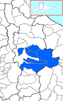 Carte bicolore montrant l'emplacement du district de Kamikawa dans la sous-préfecture de Kamikawa.