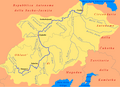 Mapa en italiano del río Kolymá en el que aparecen, sobre su curso alto, las ciudades de Seimchán (Sejmčan) y Sinegorye (Sinegor'e)