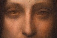 Above the subject's left eye (right), are visible marks that Leonardo made to soften the flesh with the heel of his hand.[2]