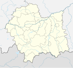 Mapa konturowa województwa małopolskiego, blisko centrum na lewo u góry znajduje się punkt z opisem „Kamienica Hetmańska”