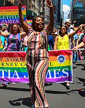 James marching in June 2019 at Stonewall 50 - WorldPride NYC 2019 Letitia James at New York Pride 50 - 2019-348 (48166918552) (1).jpg