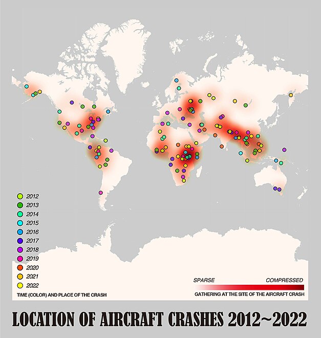 Location of aircraft crashes from 2012 to 2022 Location of aircraft crashes in 15 years.jpg