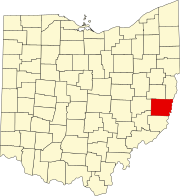 Kort over Ohio med Belmont County markeret