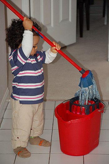 Photograph of a toddler holding a mop with a b...