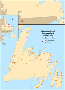 Карта с указанием местоположения всех муниципалитетов Ньюфаундленда и Лабрадора