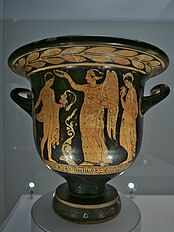 Nike crowning a young man, red-figure krater from Apulia.