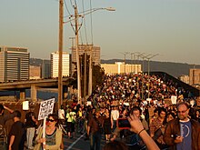 One of the marches to the Port of Oakland during the 2011 Oakland General Strike on 2 November 2011 Oakland General Strike 2011-11-02.jpg