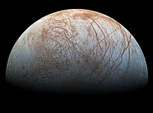 Jupiter's moon Europa may have an underground ocean which supports life. PIA19048 realistic color Europa mosaic edited.jpg