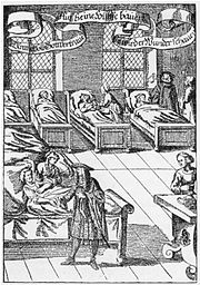 A physician visiting the sick in a hospital. German engraving from 1682.