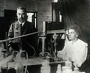 Pierre and Marie Curie in their Paris lab before 1907 (he died in 1906).