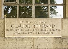 Plaque in tribute to Claude Bernard at College de France in Paris Plaque Claude Bernard laboratoire.jpg