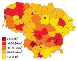 Population density of Lithuania Population density in municipalities of Lithuania modified.svg