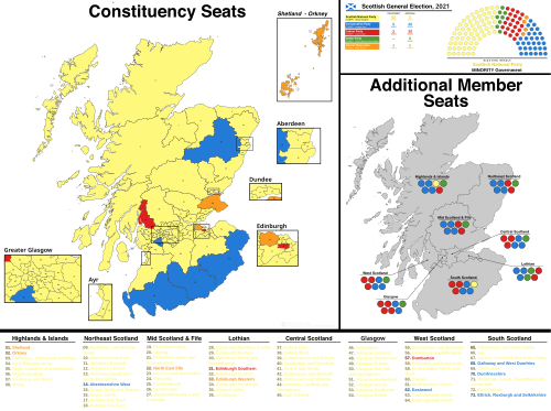 Election result with constituency names labeled Scottish Parliament election map 2021.svg