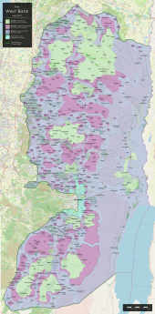 Map of the West Bank, May 2021, showing Palestinian (green) and Israeli control. Situation in the West Bank (May 2021).svg