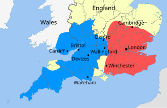 Районы, контролируемые Стивеном и Матильдой в Англии, ок. 1140