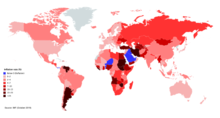 Bản đồ thế giới với các màu tăng dần từ đỏ nhạt đến đỏ đậm biểu thị tỉ lệ lạm phát của mỗi quốc gia